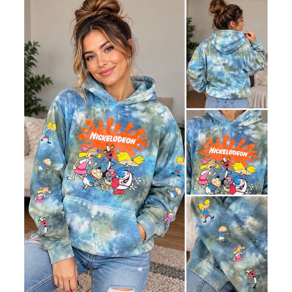 Nickelodeon 90s Cartoons Tie Dye Hoodie Blue Grey Rugrats Hey Arnold Sm retro